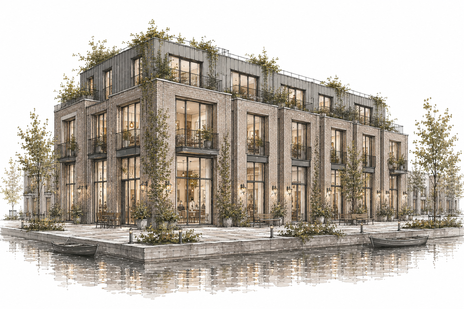 Tekening van het woongebouw aan het water met dakwoningen