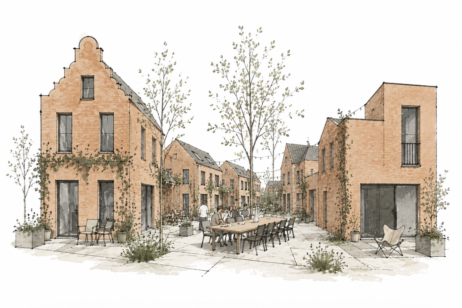 Tekening van een gezamenlijk plein met lange tafel tussen de woningen