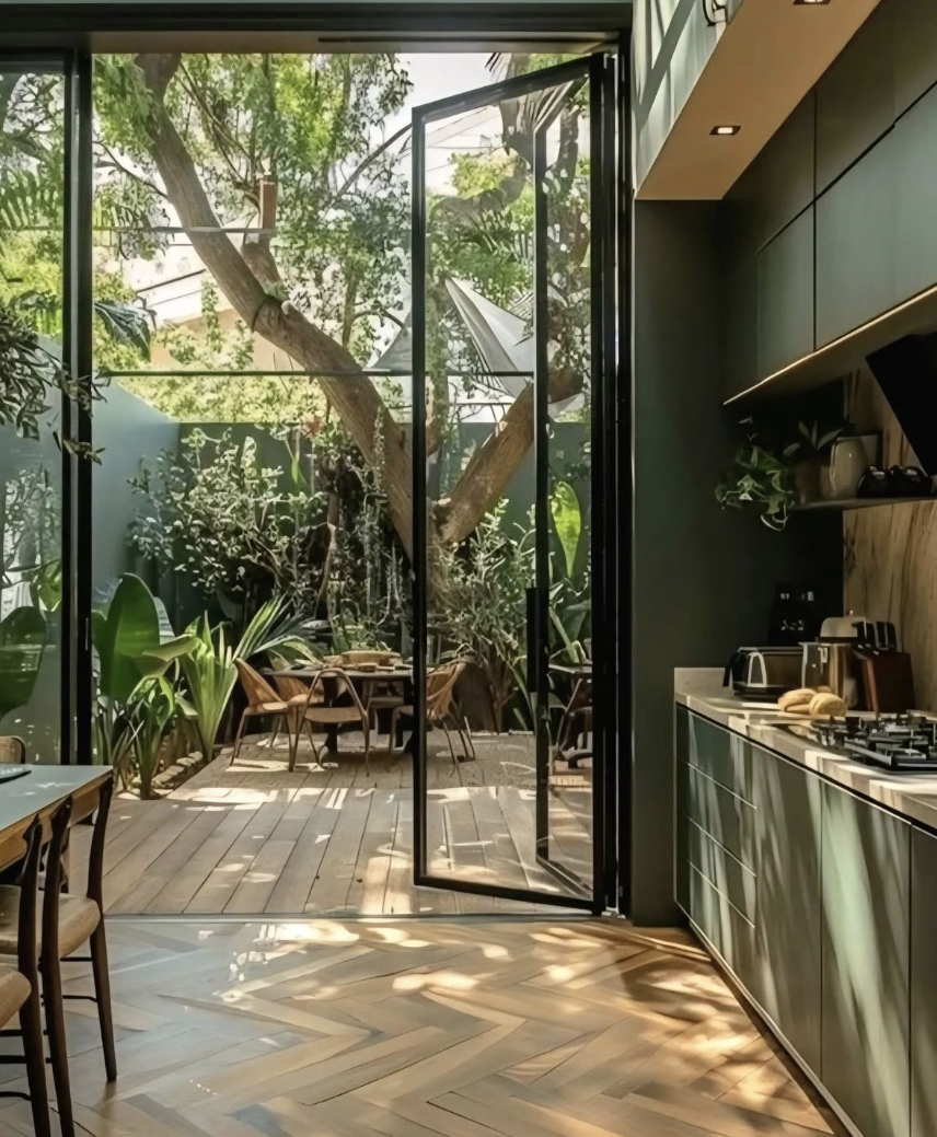 Keuken met stalen deuren die opengaan naar een groene binnentuin