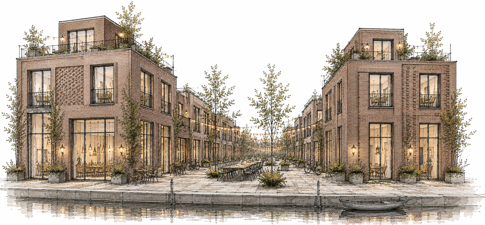 Tekening van bakstenen woningen rond een plein aan het water met lampjes
