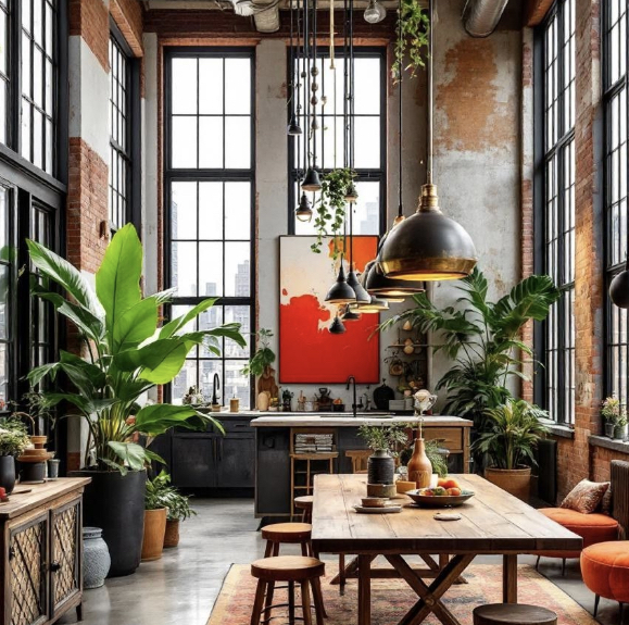 Industriële loft met hoge stalen kozijnen en veel groen
