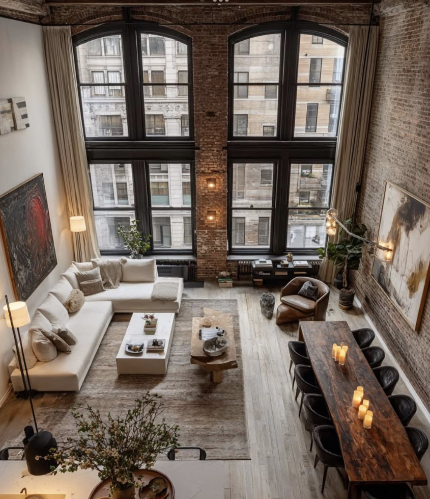 Loft met bakstenen wand, hoge boogramen en lange eettafel