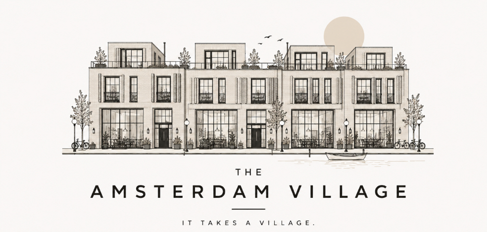 Tekening van de gevelrij van The Amsterdam Village aan het water met bomen op de dakterrassen