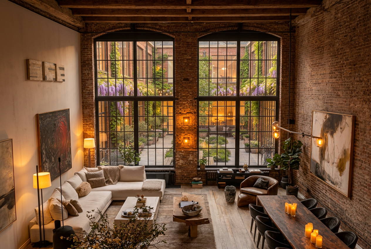 Render van een dubbelhoge loft met bakstenen muren, houten balken en hoge stalen ramen met uitzicht op een groen binnenplein