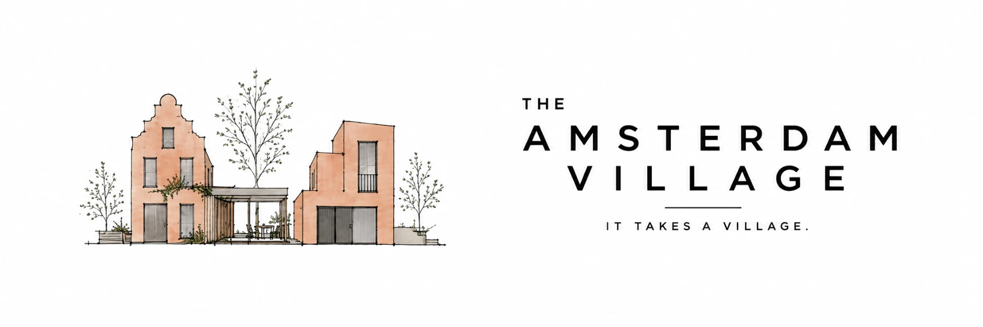 The Amsterdam Village logo met bakstenen huizen en het motto It takes a village